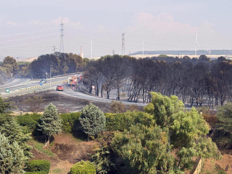 Fotos del incendio en un pinar junto a la autopista A-68 que obligó a desalojar el hotel Villa Castejón