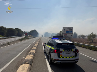 Fotos del incendio en un pinar junto a la autopista A-68 que obligó a desalojar el hotel Villa Castejón