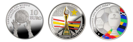 Monedas del Mundial de Sudáfrica en 2010, del Mundial Femenino de Australia y Nueva Zelanda en 2023 y de la Eurocopa de 2024
