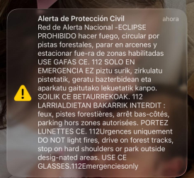 Alerta enviada por el Gobierno de Navarra con motivo del eclipse