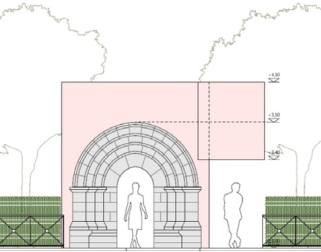 Detalle del proyecto de restitución en la entrada del parque de Aoiz. Habrá otro acceso lateral junto a la portada de Orbaiz