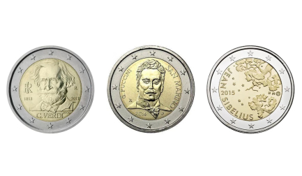 Monedas conmemorativas de 2 euros en homenaje a Verdi, Puccini y Sibelius