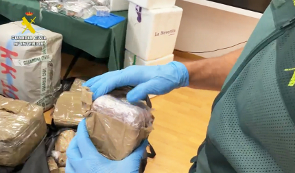 Agentes de la Guardia Civil decomisaron la droga oculta en la parte inferior del semirremolque tras ser detectada por el perro Álex.