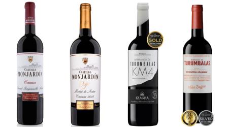 De izda a dcha, Monjardín Crianza Coupage Selección, Monjardín Merlot Deyo, Km 4 Tempranillo 2024 y Turumbalas sin sulfitos 2025