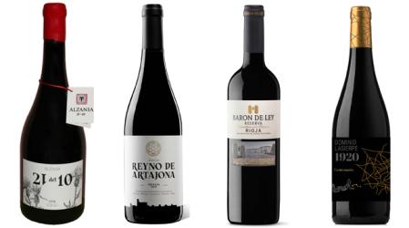De izda a dcha, Alzania 21 Del 10, Reyno de Artajona Crianza, Barón de Ley Reserva y Dominio Lasierpe Centenario 1920