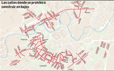 Calles en las que se prohibirá construir en bajos