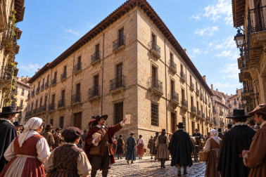 Recreación con IA de un vendedor de relaciones en la Pamplona del siglo XVII y frente al palacio del Condestable