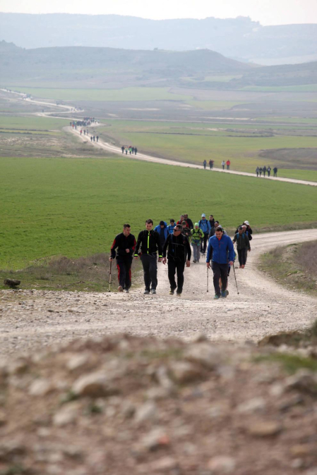 Javierada. Los peregrinos de la Ribera almuerzan en el yugo y atraviesan las Bardenas, camino de Javier