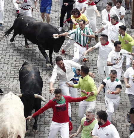 Imágenes del segundo encierro de los sanfermines 2019 protagonizado por toros de Cebada Gago.