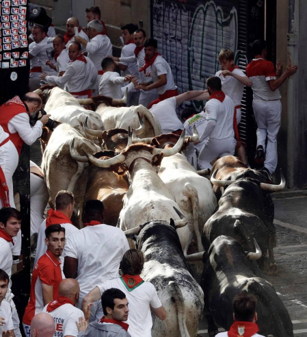 Imágenes del segundo encierro de los sanfermines 2019 protagonizado por toros de Cebada Gago.