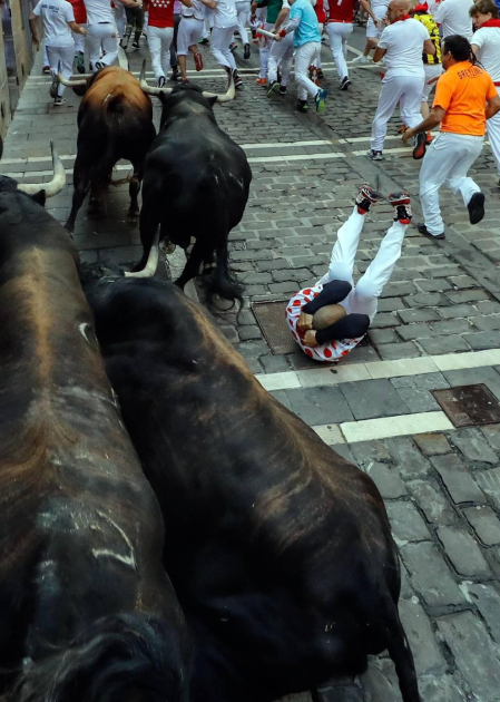 Imágenes del séptimo encierro de los Sanfermines 2019 protagonizado por toros de La Palmosilla.