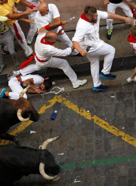 Imágenes del séptimo encierro de los Sanfermines 2019 protagonizado por toros de La Palmosilla.