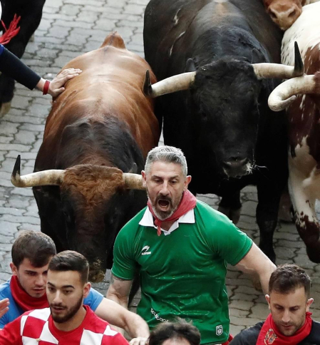 Imágenes del séptimo encierro de los Sanfermines 2019 protagonizado por toros de La Palmosilla.
