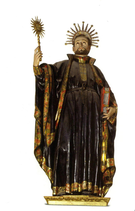 Escultura del santo, vestido de jesuita en la catedral de Pamplona, c. 1620, procedente del colegio jesuítico de la Anunciada de Pamplona