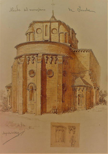 Monasterio de Santa María de Irache. Según Laffi, “enorme y hermoso convento que posee gran riqueza y parece una ciudad”. Dibujo a lápiz y acuarela sobre papel de Jaime Serra y Gibert.