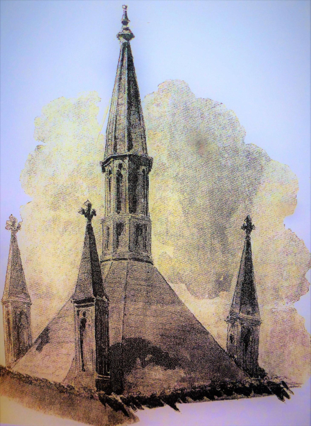 Chimeneas de la cocina de la catedral pamplonesa. Dibujo en fotograbado publicado en P. Madrazo, Navarra y Logroño.