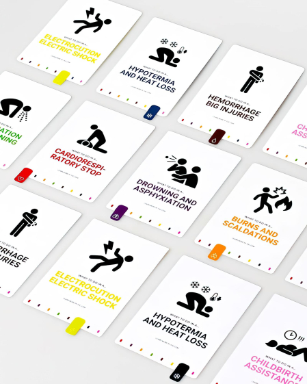 Colección de tarjetas diseñadas para conocer los pasos a seguir para salvar la vida de una persona en 8 situaciones de emergencia. Proyecto de Iker Cía.