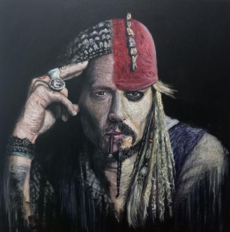 Caricatura de la exposición titulada "Jonnhy Deep", caracterizado como Jack Sparrow