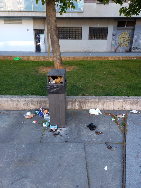 Me gustaría denunciar el estado de la plaza Monasterio de Marcilla en el barrio de San Juan. Es uno de los pocos sitios donde hay un parque infantil para los niños del barrio, y siempre está en condiciones insalubres y poco adecuadas para los niños porque es un punto habitual de botellón. Nos encontramos con frecuencia botellas de alcohol, basura, preservativos, cristales. Pedimos una solución, como por ejemplo que cerquen el parque como en otras ciudades vecinas.
