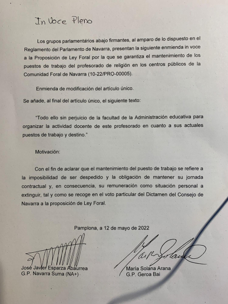 Enmienda in voce presentada por Navarra Suma y Geroa Bai