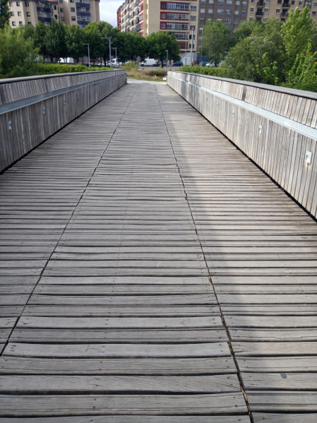 El puente de lago del parque del Orfeon Pamplonés tiene casi todas las tablas movidas y todos los dias hay algun tropiezo.