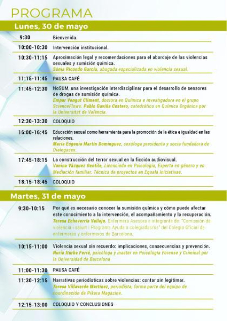Programa de la jornada que analizará la sumisión química en la violencia sexual contra las mujeres, desde perspectivas legales, sociales, psicológicas o sanitarias