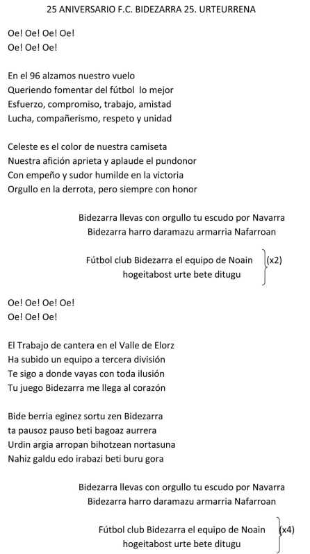 Letra del 25 aniversario del F.C. Bidezarra 25 Urteurrena