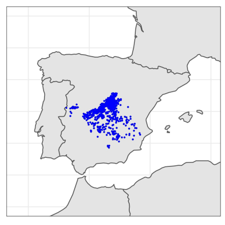 Localización de los 628 pueblos descritos por las Relaciones Topográficas y revisados por el equipo de la Estación Biológica de Doñana – CSIC