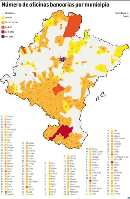 Mapa con el número de sucursales bancarias por municipio en Navarra
