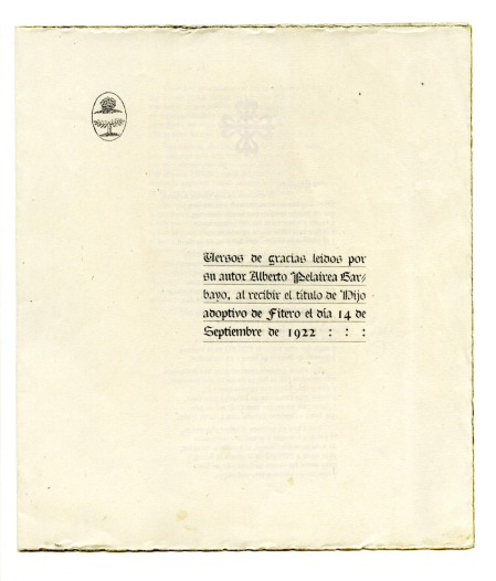 Portadilla del díptico con los versos que el poeta leyó el día de su nombramiento como Hijo Adoptivo de Fitero, 14 de septiembre de 1922