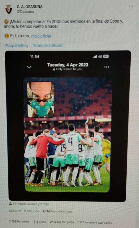 El 'guiño' que lanzó Osasuna a Alonso en Twitter al llegar a la final copera