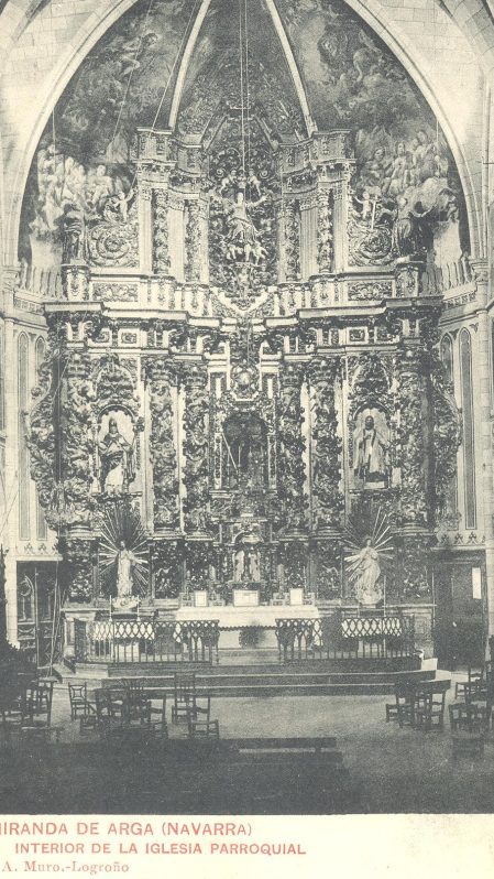 Postal del retablo mayor de la parroquia de Miranda de Arga, por el fotógrafo riojano Alberto Muro Belloso, c. 1920