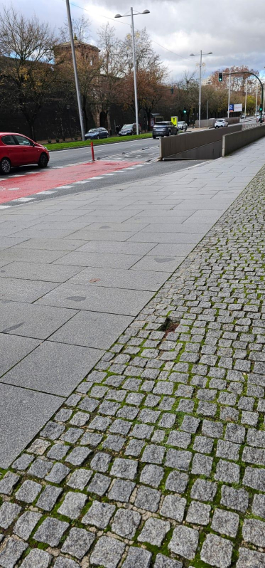 Falta un adoquín en la Avenida del Ejército entre la acera peatonal junto a la bajada de coches al parking de Baluarte