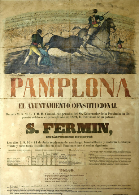 Cartel de festejos taurinos de San Fermín de 1852 en el que se lidiaban, entre otros,15 toros de la ganadería de don Nazario Carriquirri