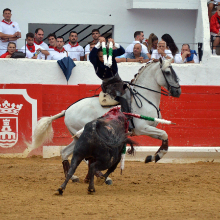 La localidad celebró el festejo taurino con novillos de Valle Blanco para los rejoneadores David Gomes (de verde) y Adrián Venegas (de azul)