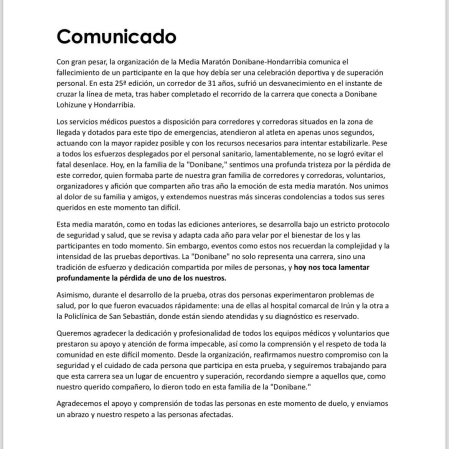 Comunicado de la organización del medio maratón Donibane Lohizune-Hondarribia