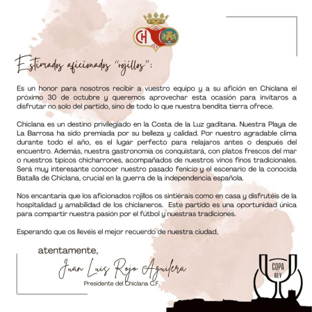 La carta del presidente del Chiclana, José Luis Rojo