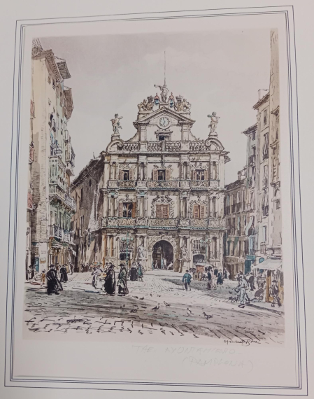 Grabado de la fachada del Ayuntamiento de Pamplona del artista escocés Muirhead Bone.