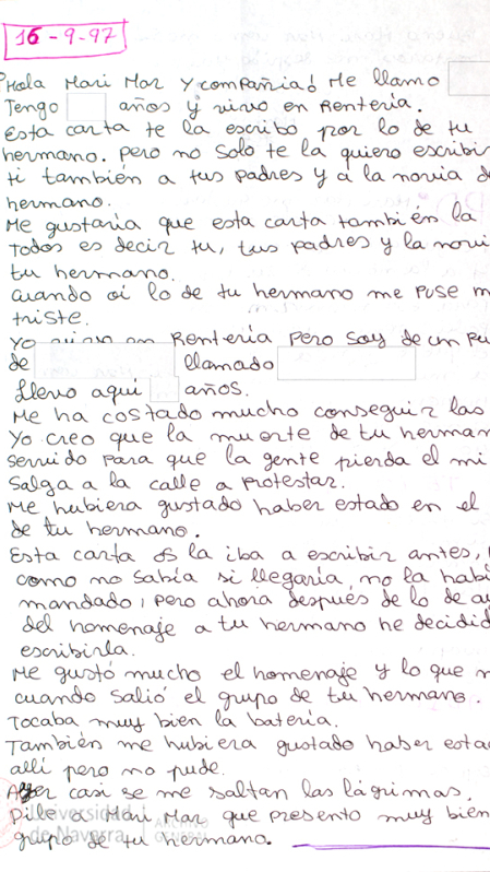 Misiva enviada a la familia Blanco Garrido