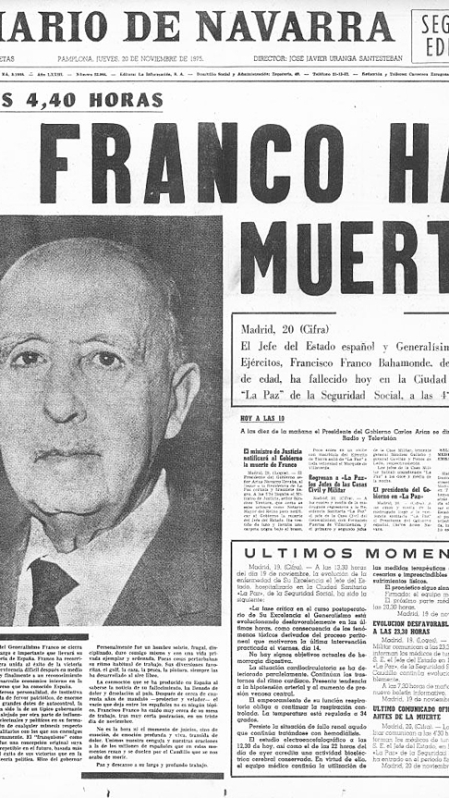 Portada de la segunda edición de Diario de Navarra con la muerte de Francisco Franco /