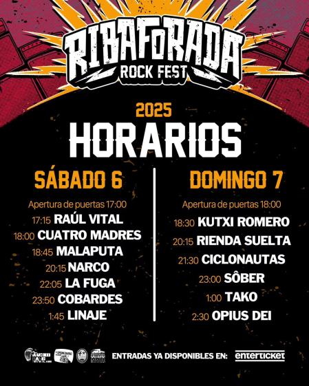 Cartel definitivo del Ribaforada Rock Fest, con los bandas musicales y los horarios de actuación.