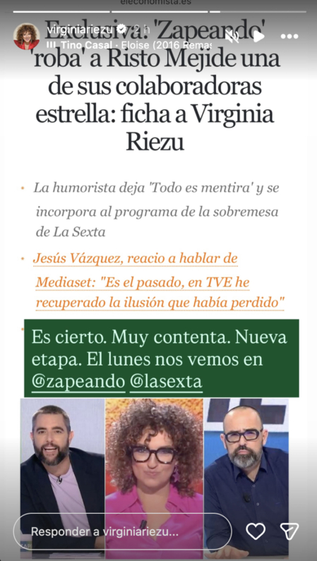 Storie de Virginia Riezu compartido en Instagram en el que confirma su fichaje por 'Zapeando'