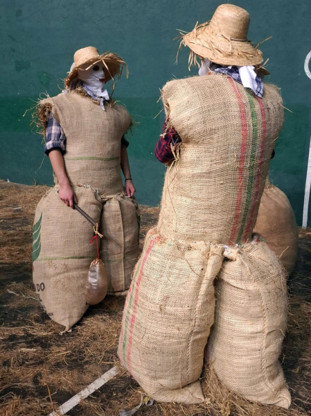 Embutidos en sacos de heno, una hilera de orondos personajes de apariencia rural desfila por el entramado urbano en una tarde de tiempo desapacible en la localidad de Lesaka. Se trata de los Zako zahar