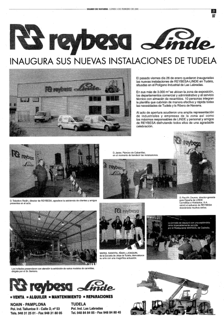 Página publicada por Diario de Navarra el 5 de febrero de 2001 sobre la inauguración de la delegación de Reybesa en Tudela