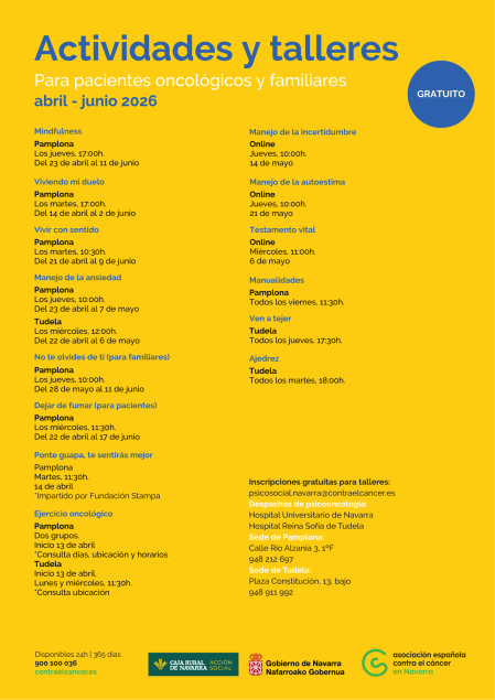 Cartel con las actividades y talleres gratuitos de la Asociación Española Contra el Cáncer en Navarra
