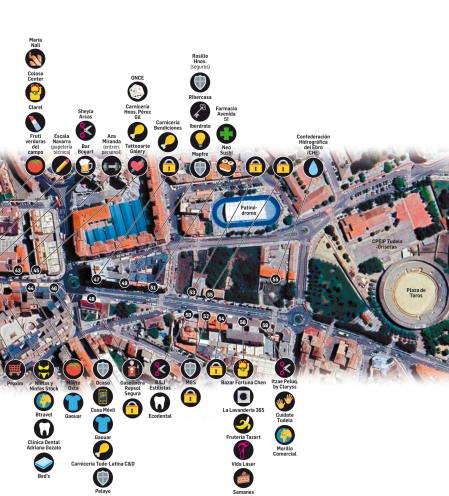 Mapa con los comercios de la segundo mitad de la avenida Zaragoza de Tudela