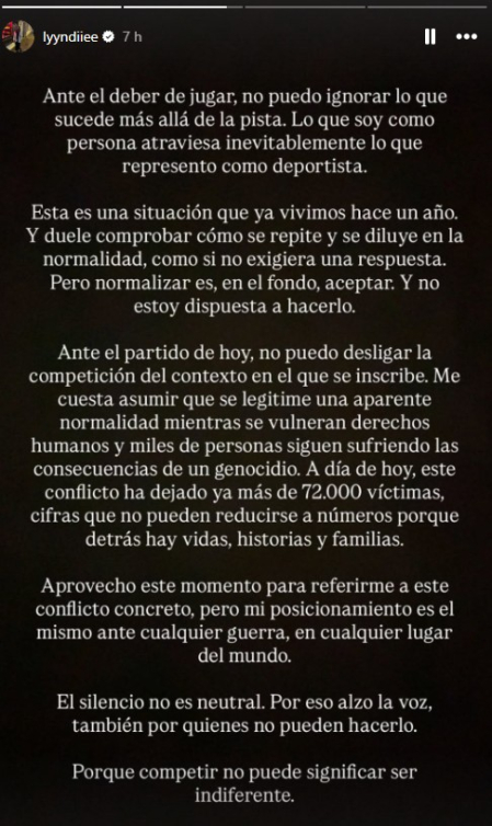 Comunicado compartido por buena parte de las internacionales de la selección española de balonmano en redes sociales ante el duelo frente a Israel