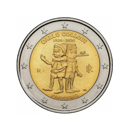 Cara nacional de la moneda italiana con Pinocho como protagonista