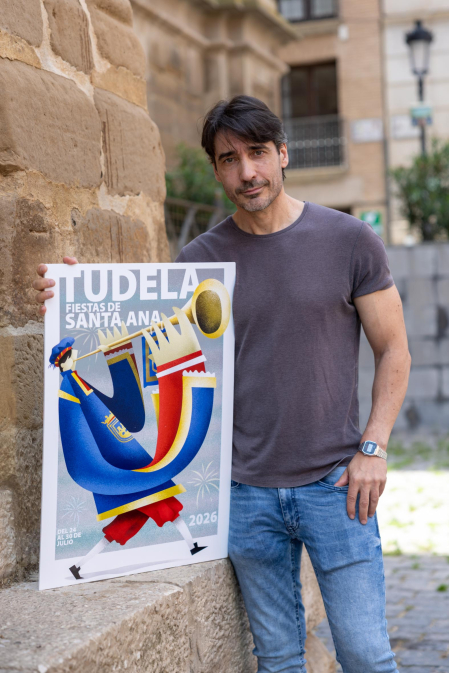 El estellés Raúl López Martín, con su obra 'Timbaleros de Tudela', cartel que anunciará las próximas fiestas de Santa Ana de la capital ribera
