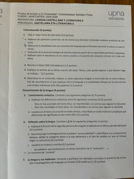 Examen de Lengua Castellana y Literatura II de la PAU 2026
